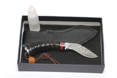 Нож ручная работа дамасская сталь натуральный рог сайгака + белая сталь + цветной камень коллекционный Дамаск Кукри + Кожаный чехол