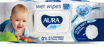 Упаковка детских влажных салфеток Aura Baby 97% воды 2 пачки по 100 шт (4751023293110)