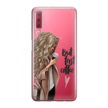 Тонкий cиликоновый чехол Unique Covers на Samsung Galaxy A7 2018 But first coffee блондинка (1985 Galaxy A750)