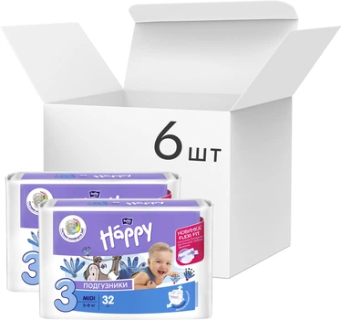 Упаковка детских подгузников Bella Baby Happy Midi 5-9 кг 6 пачек по 32 шт (BB-054-MU32-005/BB-054-MU32-008)