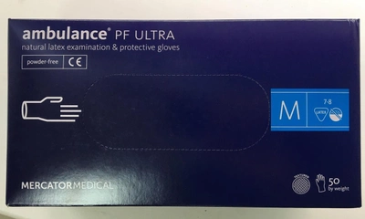 Перчатки MERCATOR MEDICAL латексные AMBULANCE PF ULTRA размер M (7-8) 25 пар/50штук Р2550А
