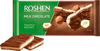 Упаковка шоколаду Roshen Молочний з горіховою нугою 90 г х 20 шт. (4823077617492)
