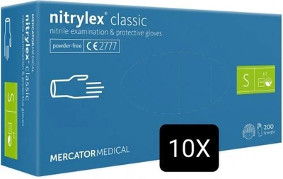 Рукавички Nitrylex classic медичні нестерильні нітрилові без пудри Розмір S 10 упаковок по 200шт (100 пар) Сині