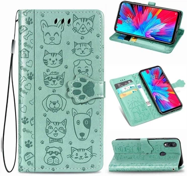 Чехол Embossed Cat and Dog для Xiaomi Redmi Note 7 / Note 7 Pro книжка кожа PU Mint