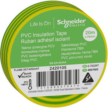 Изолента Schneider Electric ПВХ 19 мм х 20 м Желто-зеленая (2420105)