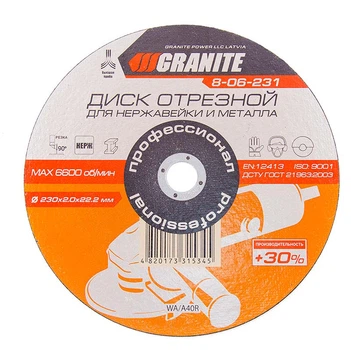 Диск GRANITE абразивный отрезной для нержавейки и металла 230*2,0*22,2 мм PROFI +30 8-06-231