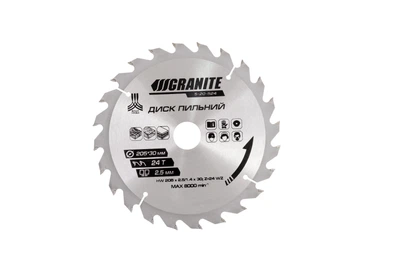 Диск пильный для дерева Granite с твердосплавными напайками 205х30х24Т адаптер 30-25.4 7450 об/мин 5-20-524