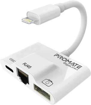 Адаптер Promate GigaLink-i Lightning/USB 3.0 OTG+Ethernet Rj-45+Lightning-in White (gigalink-i.white)