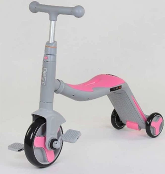 Самокат дитячий 3в1 самокат+велобіг+велосипед Best Scooter з PU колесами + світло і 8 мелодій. Grey and Pink (90793)