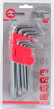 Набір зірочок Г-подібних ключів TORX з відверненням (Intertool) (Cr-V, T10-T50, 52-55HRC) HT-0606