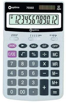 Калькулятор настільний Optima 75502, 12 розрядів, плоский, 169х105х24, сірий