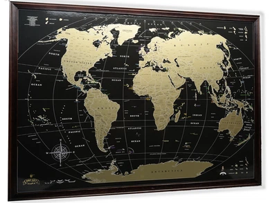 Скретч карта мира черная с золотом Mymap Black Edition в раме из дерева Dark Wood 90х65см