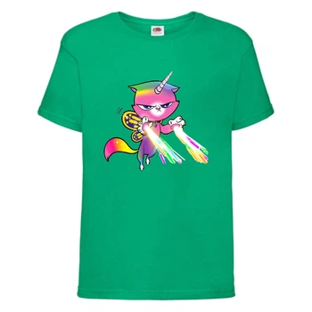 Футболка детская Радужная Кошка 002 (Rainbow Cat) зеленая (RNC grn 002) 116 см