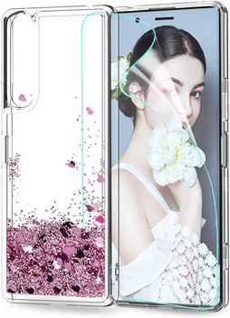 Чехол накладка + защитная пленка LeYi Case Glitter Liquid Quicksand Flow Luxury для Sony Xperia 10 II Rose Gold