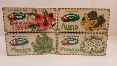 Упаковка трав'яного натурального чаю Карпатський чай Ехінацея і імбир, Меліса, Липа і Ромашка 4шт по 20пакетиків