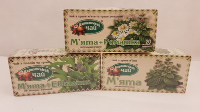 Упаковка травяного натурального чая Карпатский чай Мята, Ромашка и Эвкалипт 3шт по 20пакетиков