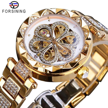 Часы наручные женские Forsining Gold-White Flower Diamonds 1059-0030