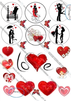 Сахарна їстівна картинка Modecor Модель 14 лютого, серця, Love вис. 3-5 см, Ø6см для чоловіка, дружини, коханій людині на капкейки і топпери (SNP - 00034)