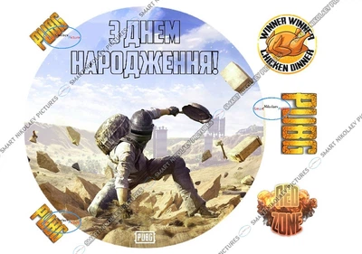 Сахарна їстівна картинка Modecor Модель PUBG Ø 20см, вис. 4,5см для хлопчика на торт і топпери 10,11,12,13,14,15 років з комп'ютерною грою Пабг, Пубг (SNP - 00079)