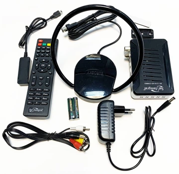 Комбинированный спутниковый тюнер (ресивер) Combo (Комбо) DVB S2 и T2 + цифровая антенна для Т2 комнатная Eurosky ES 008 ОMEGA с усилителем - комплект