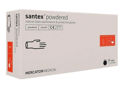 Рукавички латексні опудровані смотрові медичні нестерильні MERCATOR MEDICAL Santex Powdered білі розмір L (100 шт)