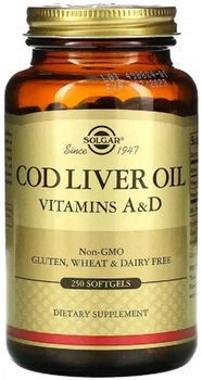 Дієтична добавка Solgar Олія печінки тріски з вітамінами A та D, Cod Liver Oil & Vitamins A&D, 250 желатинових капсул (0033984009417)