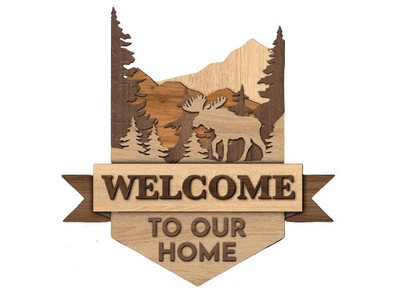 Эко-картина 3д, 3d из дерева, лось в лесу. Картина для входа - Welcome to our home. Ручная работа. Картина покрыта натуральными морилками и лаком на водной основе. Размер 28х28 см.