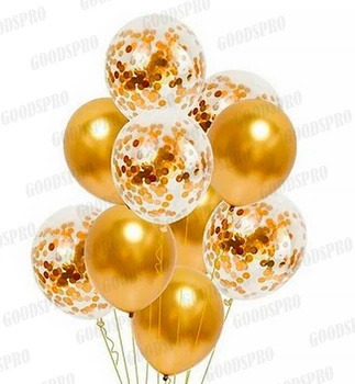 Воздушные шары "Gold", набор - 10 шт., Италия, цвет - золото, прозрачный + конфетти