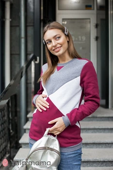 Світшот з начосом для вагітних і годуючих Юла Мама Cat warm XS вишневий/темно-сірий меланж/сірий меланж (SW-49.112)