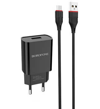 Сетевое зарядное устройство Borofone BA20A, кабель USB to MicroUSB, 1USB, 2.1A, Black