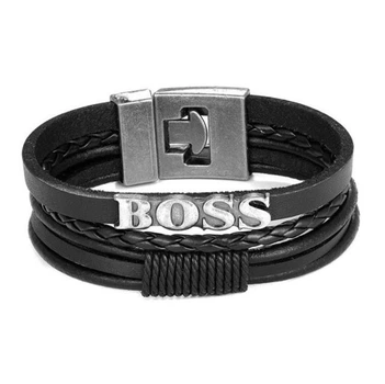 Шкіряний чоловічий браслет Бос Boss Yuwi Feya багатошаровий плетений чорний