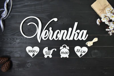 Имя из дерева с метрикой для новорожденного "Veronika" под заказ (Мини0050)