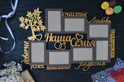 Фоторамка настенная из дерева "Наша семья" на 7 фото под заказ (Мульт0042)
