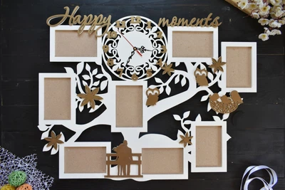 Большая фоторамка из дерева "Happy moments" с часами на 8 фото под заказ (Мульт0164)