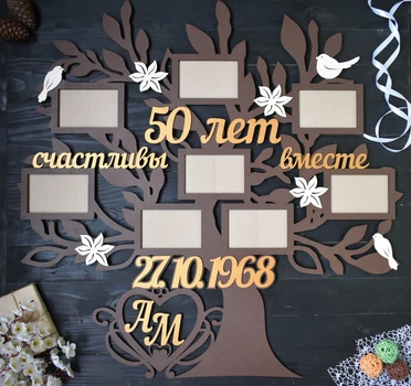Большая фоторамка в виде дерева на золотую свадьбу "Счастливы вместе 50 лет" под заказ (Мульт0060)