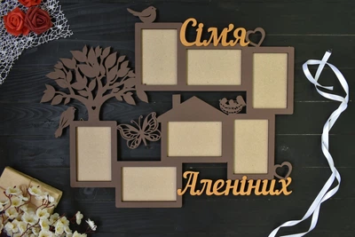 Мультирамка из дерева с фамилией на 7 фото под заказ (Мульт0136)