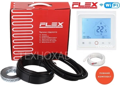 Теплый пол Flex 5,0м²-6,0м²/875Вт (50м) тонкий кабель двужильный нагревательный под плитку EHC-17,5Вт/м с сенсорным программируемым терморегулятором TWE02 Wi-Fi