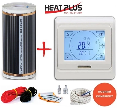 Плівкова тепла підлога HEAT PLUS -220Вт/м2 6,0м2 (0.5 м х 12м) /1320Вт з сенсорним програмованим терморегулятором E 91
