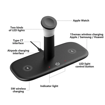 Беспроводная док-станция Fast Charge 5в1 с ночником для iPhone/ Android/Apple Watch/ AirPods Black