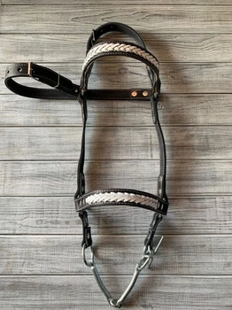 Уздечка для лошади Horse Stall с трензелем кожаная украшена плетением коса черная
