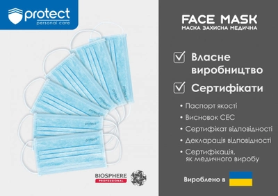 Маска медична PRO servise Protect блакитно-біла 3 шари SMS  50 штук в упаковке