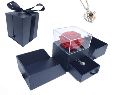 Подарочный набор настоящая стабилизированная Роза в коробке (шкатулке) для украшений Rose Box и кулон I lOVE YOU (на 100 языках мира)