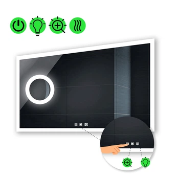 Прямоугольное зеркало с LED подсветкой 110 на 70 см, с тремя сенсорами, подогревом и линзой с подсветкой, модель Simphony La Mir (Simphonyg191)