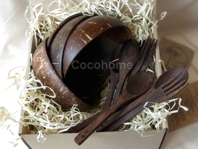 Подарунковий набір еко посуду з кокоса Coconut Home 12 предметів поліровані кокосові чаші і столові прибори з ебенового дерева (893 -106/1)