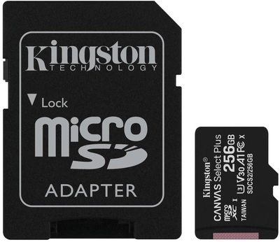 Карта памяти Kingston microSDXC 256GB Canvas Select Plus Class 10 UHS-I U3 V30 A1 + SD-адаптер (SDCS2/256GB)