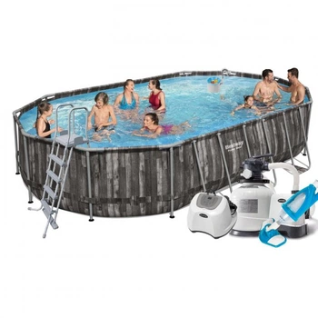 Бассейн каркасный овальный BESTWAY 5611R Wood style, 610х366х122 см, картриджный фильтр, лестница, тент, ChemConnec