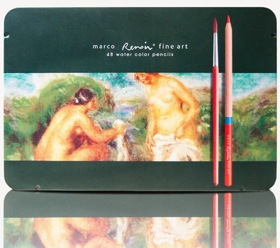 Набор акварельных карандашей Marco Renoir Fine Art 48 цветов с кисточкой, в металлическом пенале (FineArtAQUA-48TN)