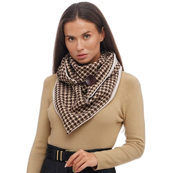 Шарф женский "Эдинбург" большой MyScarf теплый one size коричневый с принтом гусиная лапка на бежевой подкладке на пуговице