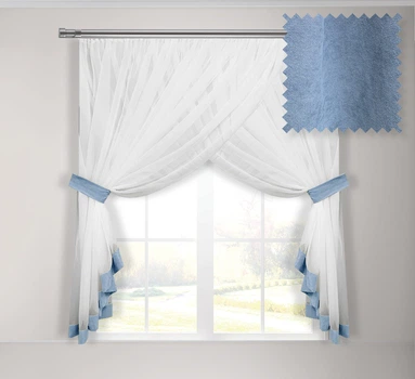 Тюль для кухни Adagio Windows Decor Кларис из белого шифона и цветной отдделки 300 х 160см, голубая