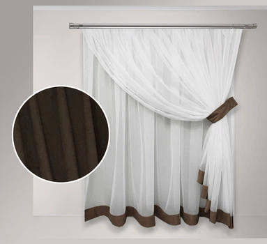 Тюль для кухни Adagio Windows Decor Вероника из белого шифона и цветной отдделки 300 х 160см, коричневая